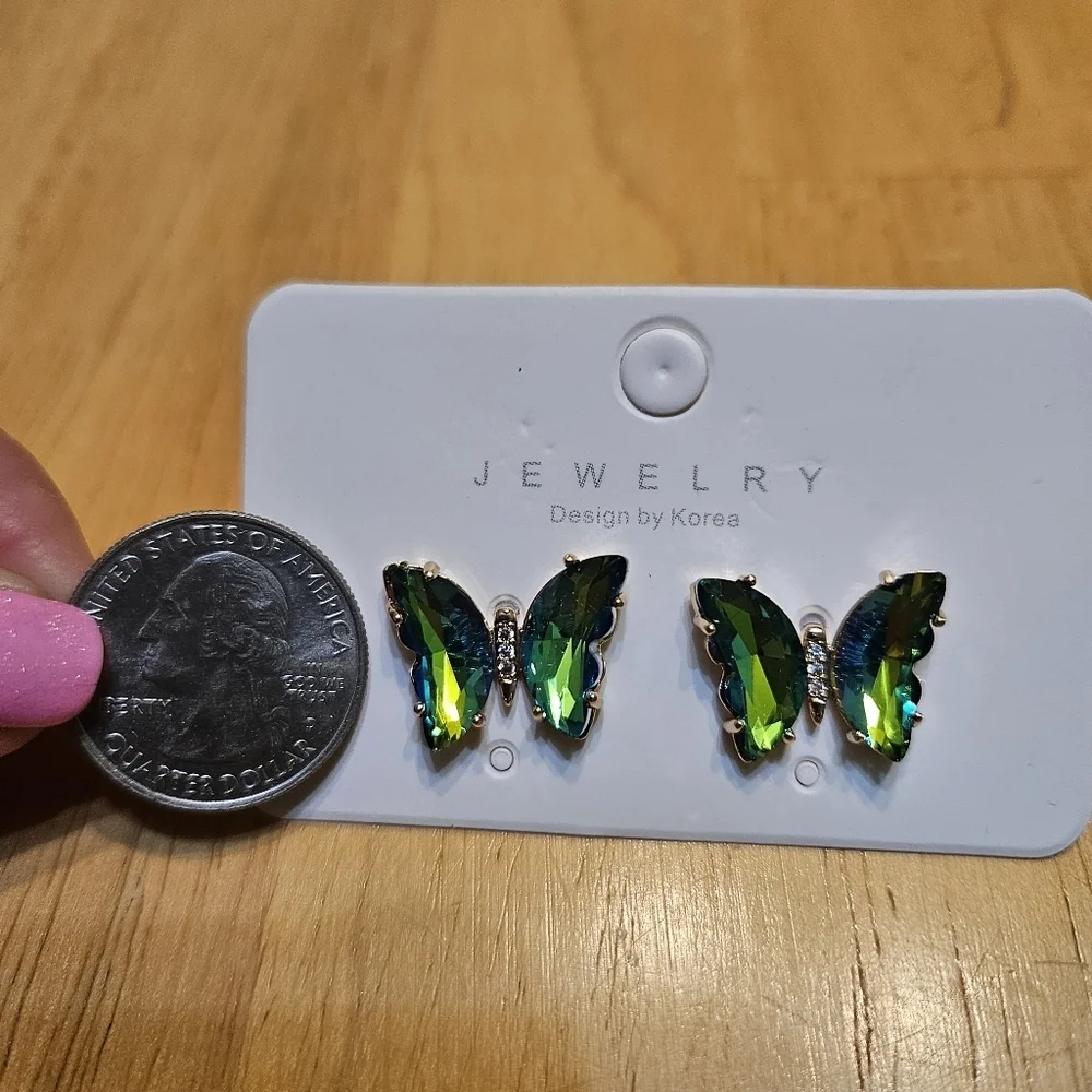 Green Butterfly Earrings Rhinestones Gold Tone Setting